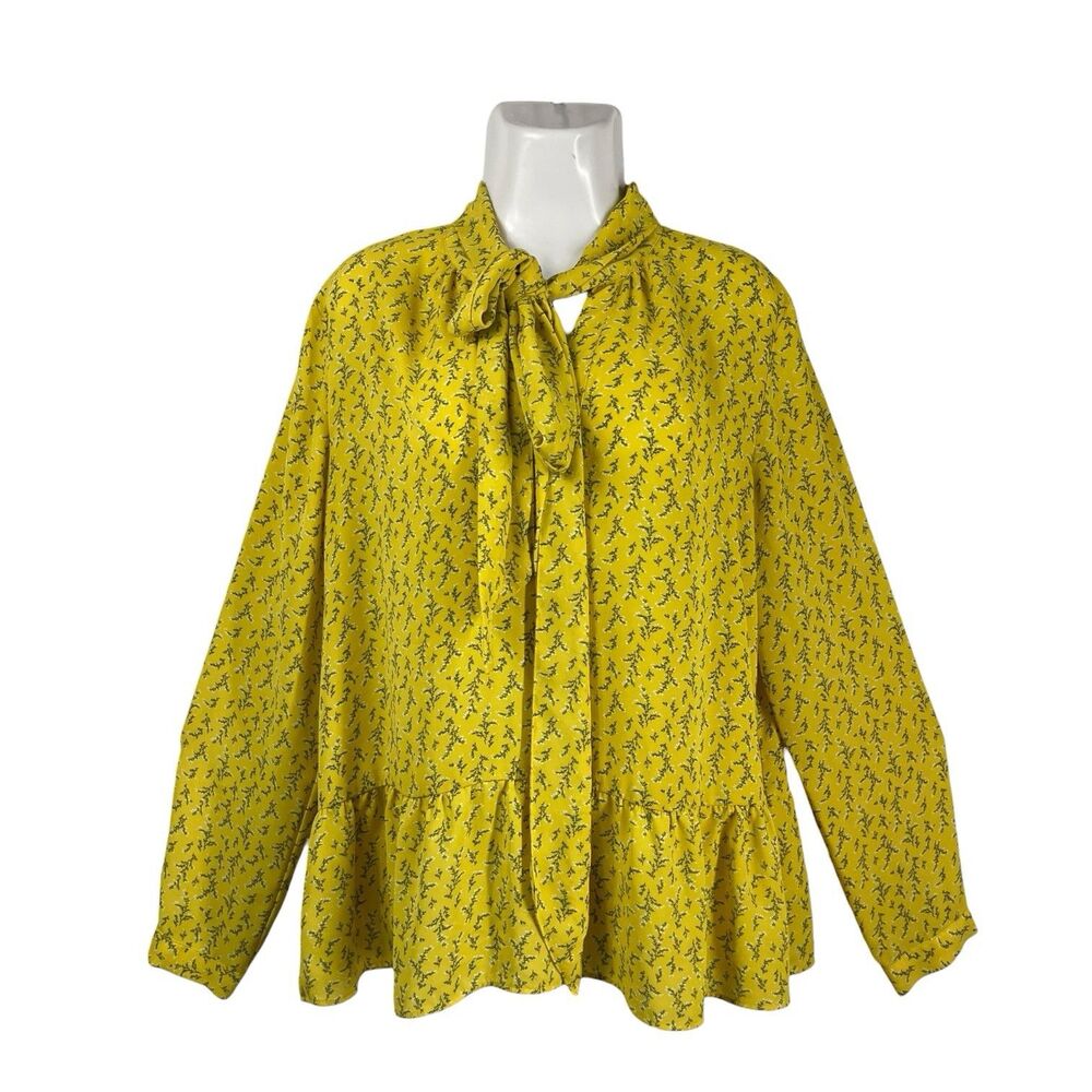 Loft Women Floral Top Large Yellow Tie Neck Peplum Long Sleeve Blouse Career